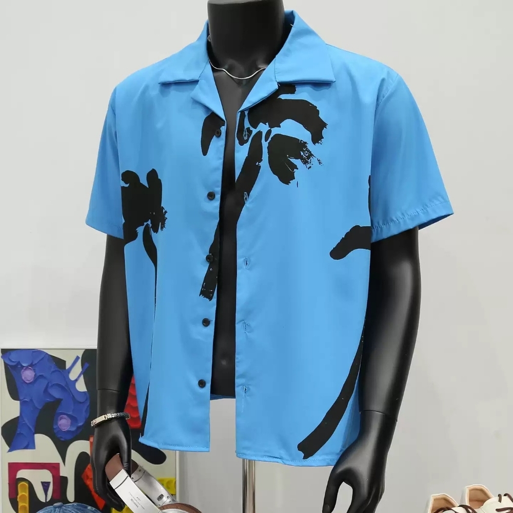 Bright Blue Palm Print Camp Shirt